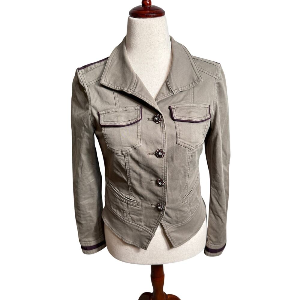 WHBM jacket blazer khaki green purple trim rhinestone buttons cotton stretch S 6